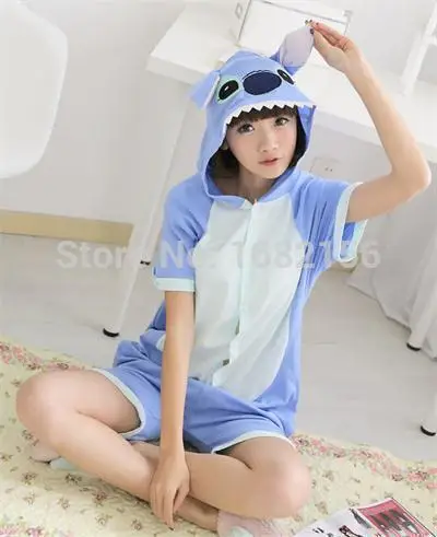 New Cotton Anime Cosplay Animal Costume Short Sleeve Stitch Cartoon Animal Pajamas Onesie Sleepwear For Adult