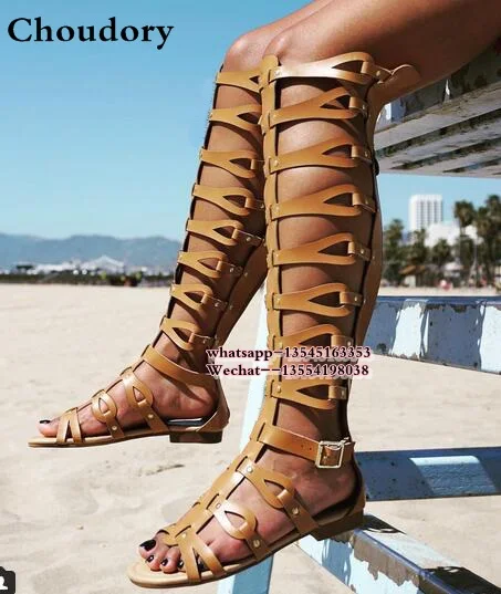 Luxury Brand Designer Knee High Gladiator Sandals Boots Cutouts Back zipper Wedges Gladiator Sandals Women Summer Flat Shoes