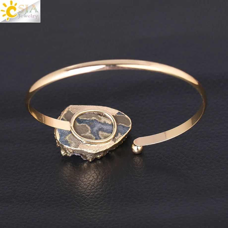 CSJA Fashion Cuff Bracelet for Women Natural Stone Purple Quartz Crystal Half Open Gold Color Bangle Any Wrist Size Jewelry F347
