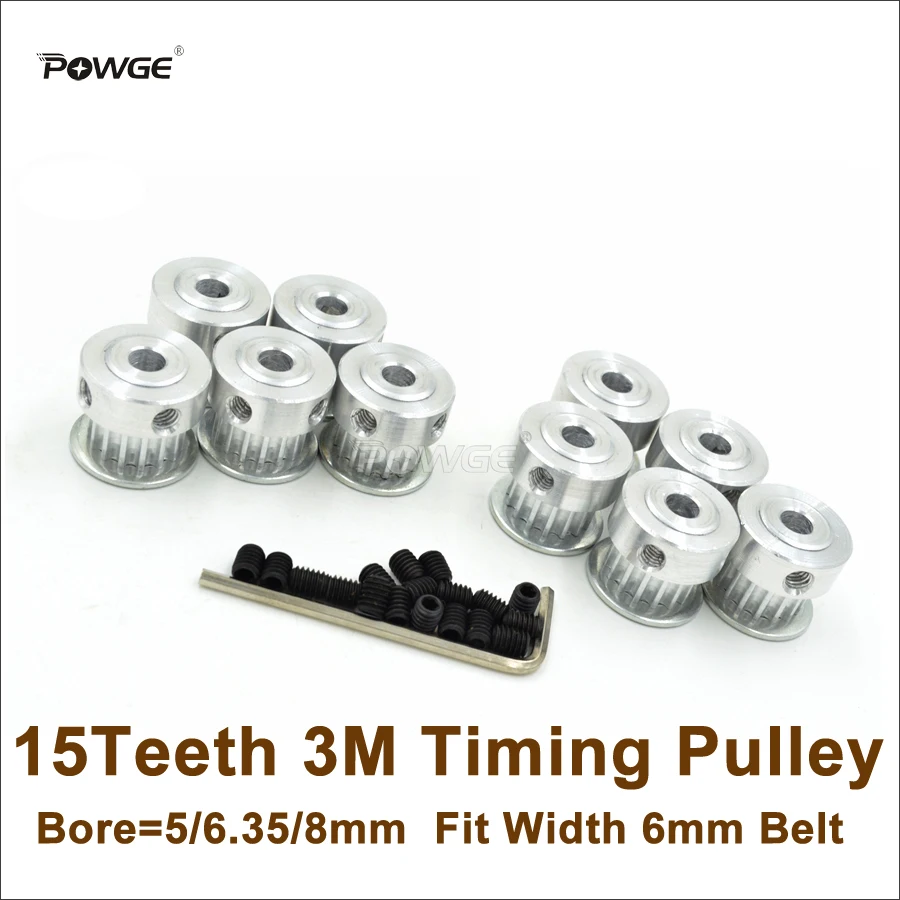 

POWGE 50pcs 15Teeth 3M Timing Pulley Bore 5/6.35/8mm Fit Width 6mm HTD 3M Belt 15T 15 Teeth HTD3M Pulley CNC Engraving Machine