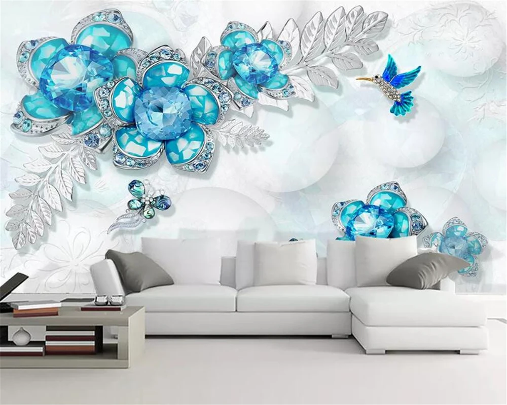 

beibehang photo 3D Mural Wall paper European Style Sapphire jewelry flower butterfly Backdrop Decor Mural Modern 3d wallpaper