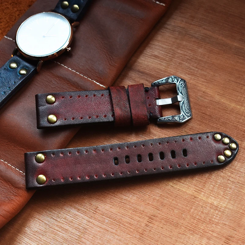 Watch Bracelet Band 18mm 20mm 22mm 24mm Watch Strap Vintage Leather Thick Watchband with Rivet for Watch Accessories KZC02