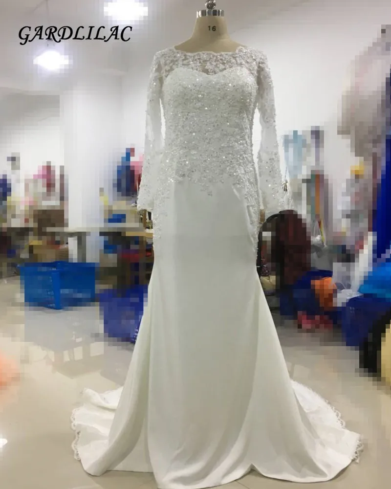 Robe de mariée sirène en dentelle, manches longues, perlée, Sexy, dos nu, 2019