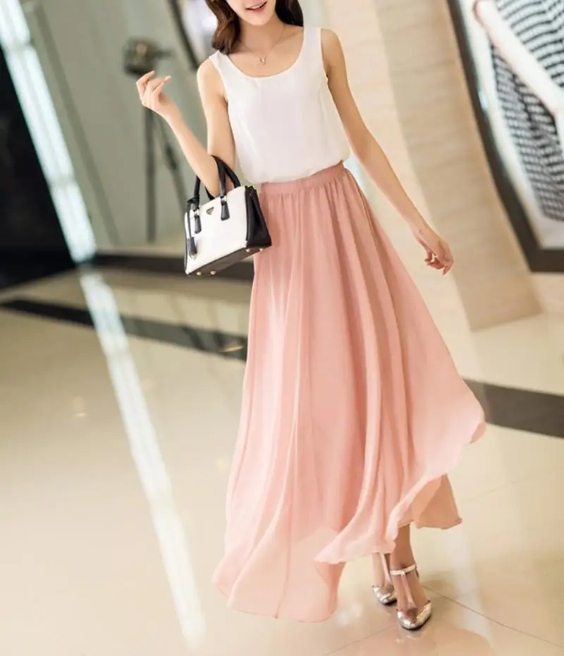 Women\'s Elegant High Waist Chiffon Skirt Elastic Waist Casual Long Maxi Skirts Saias 80/90/100cm 22 Color 2024 Summer Autumn New