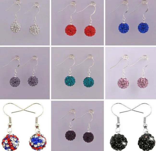 free shipping mixed 10mm Colors To Choose Crystal  Beads Silver Plated drop   Earrings Mix lot women jewelry i434