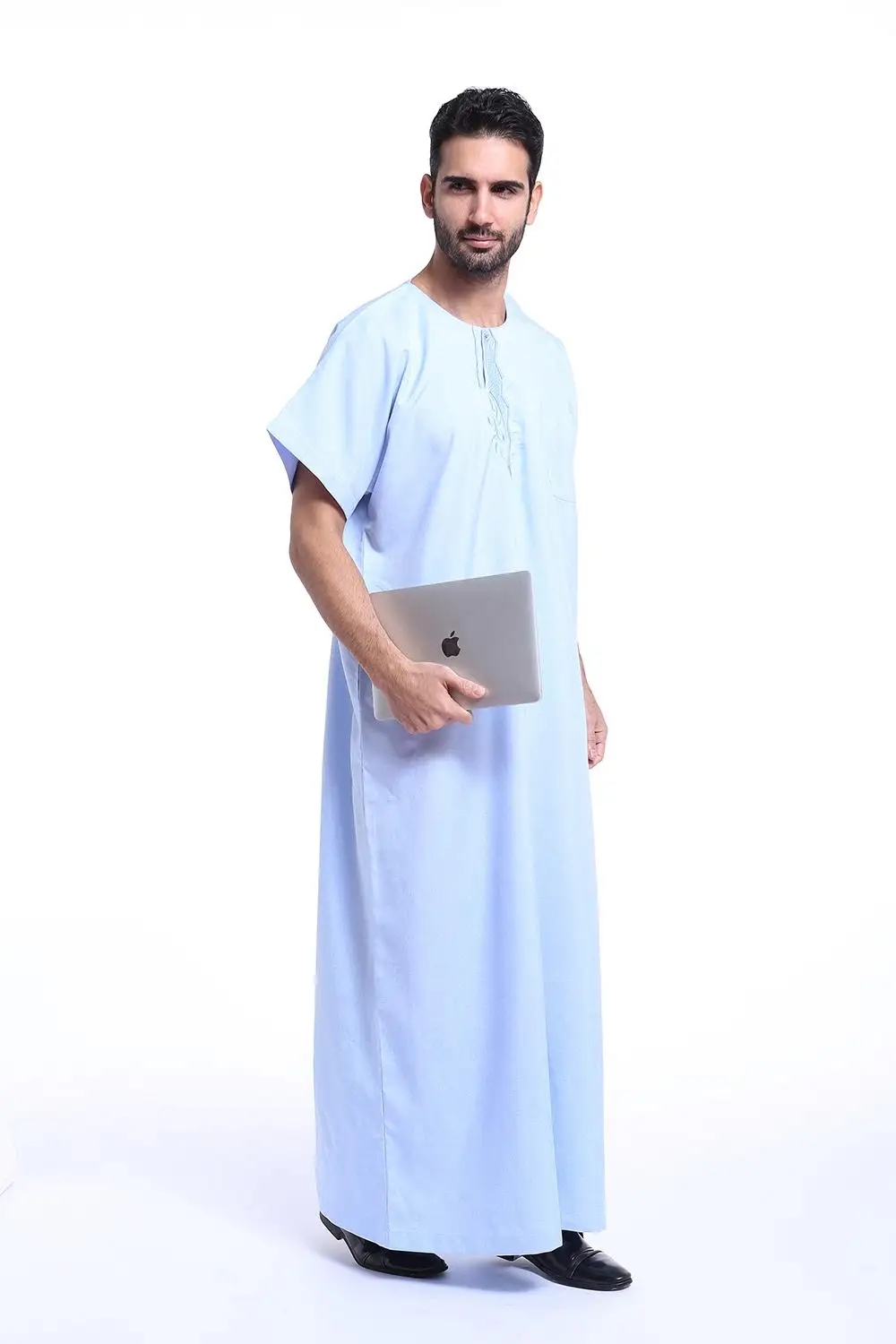 Islamska saudyjska szata Kaftan Thawb mężczyźni muzułmańskie wycięcie pod szyją haft dubaj długa abaja Ramadan Thobe Arabia sukienka z krótkim rękawem kaftan