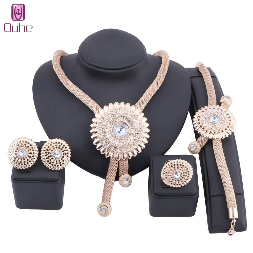 

Women Dubai Gold Color Tassel Crystal Necklace Jewelry Sets Costume Design Brand Nigerian Wedding African Beads Jewelry Sets