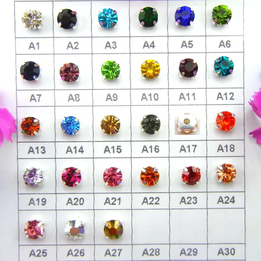 Cristal de cristal colorido, ajuste de garra plateada, 3mm, 4mm, 5mm, 6mm, 7mm, 8mm, bonitos colores, coser en bolsos de cuentas de diamantes de imitación, vestido de novia diy