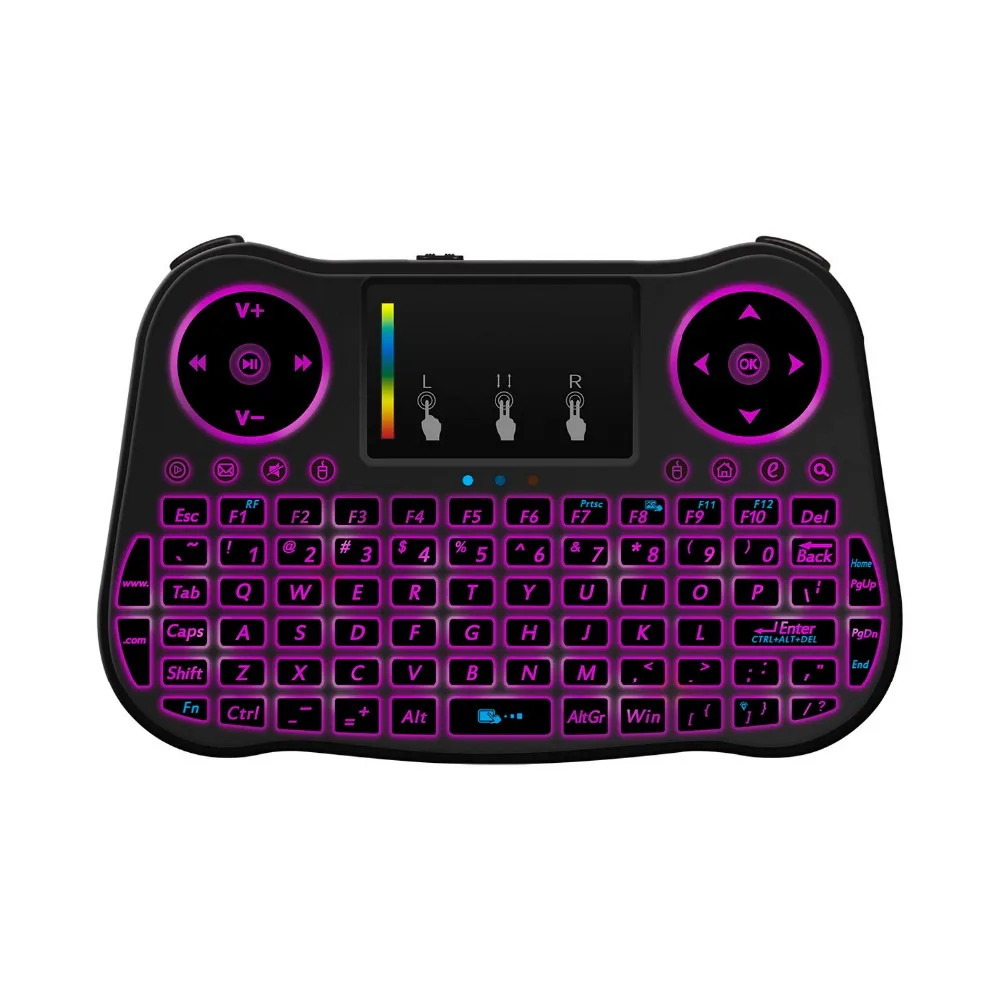Mt08 arco-íris retroiluminado mini teclado sem fio touchpad 2.4ghz air mouse para caixa de tv inteligente computador inglês russo espanhol