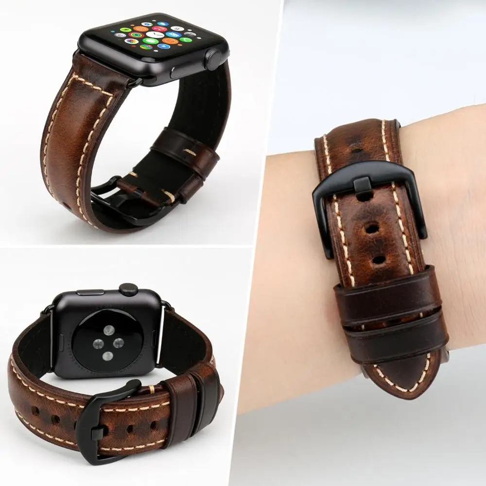 MAIKES Watch Accessories For Apple Watch Band 45mm 44mm Greasedleather Watchband for IWatch Strap 41mm 38mm Seriei 7/6/5/4/2 Se