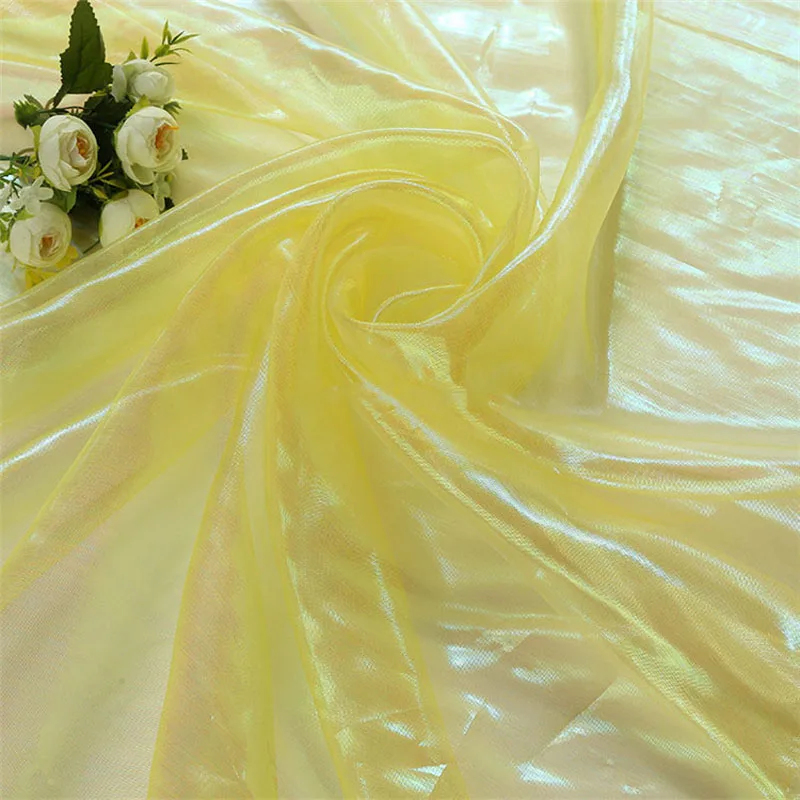 Designer Fluorescent Fabrics Colorful Shiny Gauze Dress Fabric Stage Wedding Decor Tissue Voile Transparent Holographic Fabric