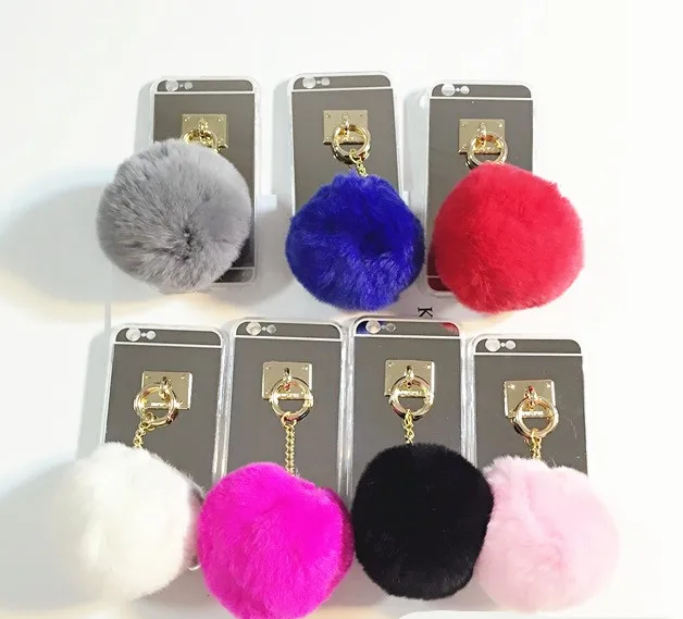 Silver Luxury Metal Rope Mirror Tassel phone Capa fake rabbit fur ball  For iPhone 8 X 6/6S 7 7Plus XR XS Max Back Cover Case