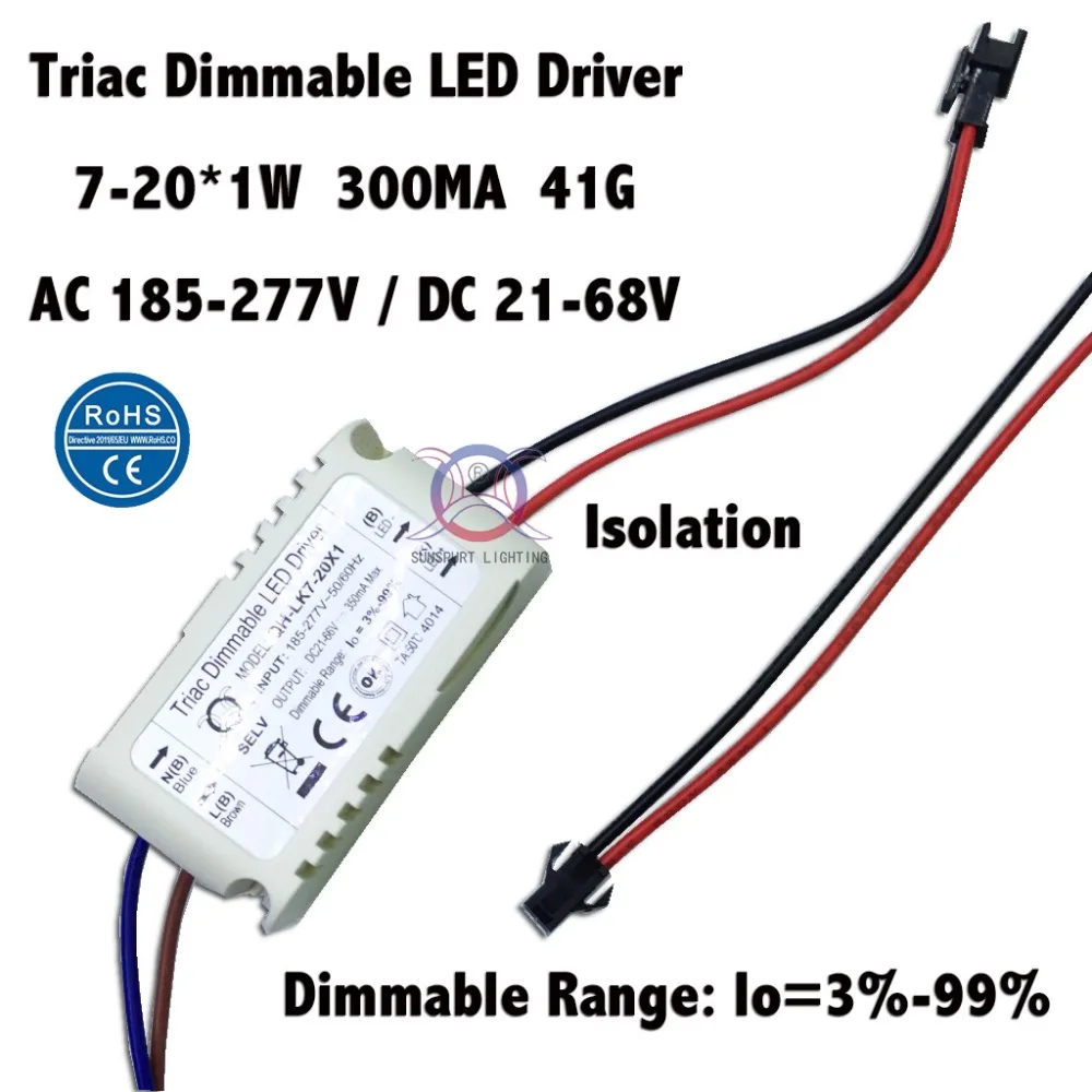 

2 Pieces Isolation W-20W AC185-277V Triac Dimmable LED Driver 7-20x1W 300mA DC21-68V Constant Current LED Power Free Shipping