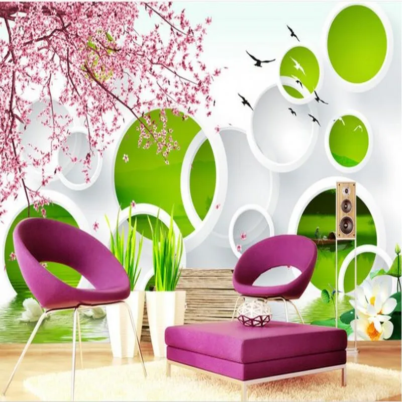 wellyu  Custom large fresco modern minimalist Jiangnan spring 3D circle TV background wall wallpaper papel de parede