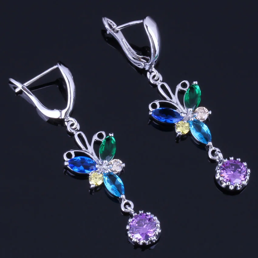 Brilliant Long Butterfly Multigem Multicolor Purple Cubic Zirconia Silver Plated Drop Dangle Earrings V0798