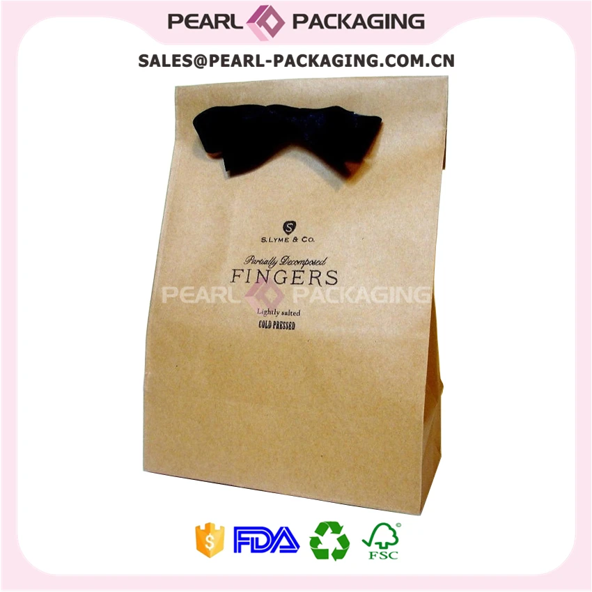 

Custom Printed Fancy Brown Kraft Paper Shopping Bag with Bow Tie Ribbon