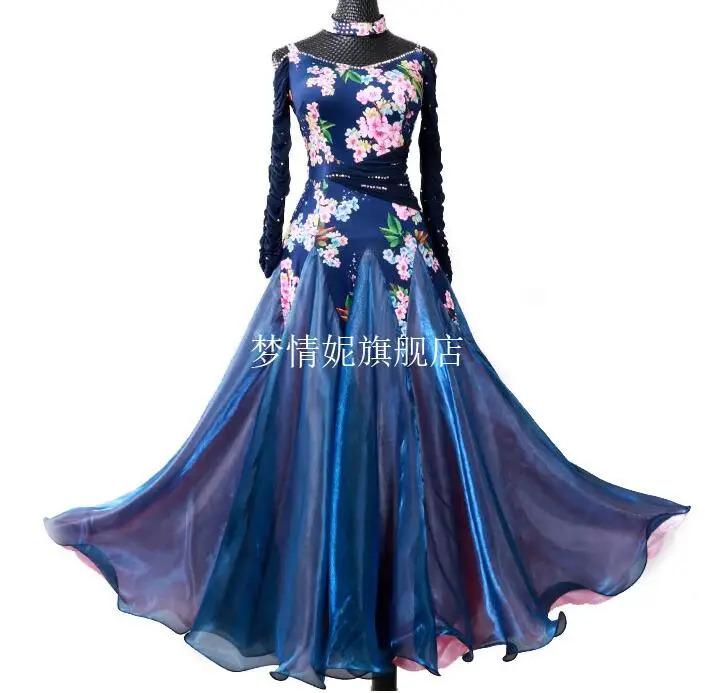 

Ballroom Competition Dance Dress Modern Waltz Tango Standard Dress Ballroom Dance Competition Dresses blue flower print