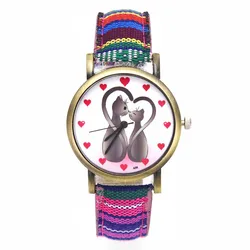 Dos relojes de corazón con patrón de animales de gato para hombres y mujeres, moda Casual, banda vaquera a rayas, reloj de pulsera de cuarzo deportivo para pareja, regalo para el amor