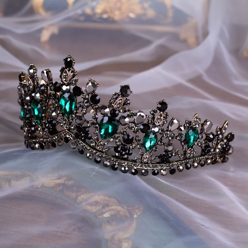 Baroque Bronze Black Green Crystal Bridal Tiaras Crown Vintage Rhinestone Diadem for Brides Headbands Wedding Hair Accessories