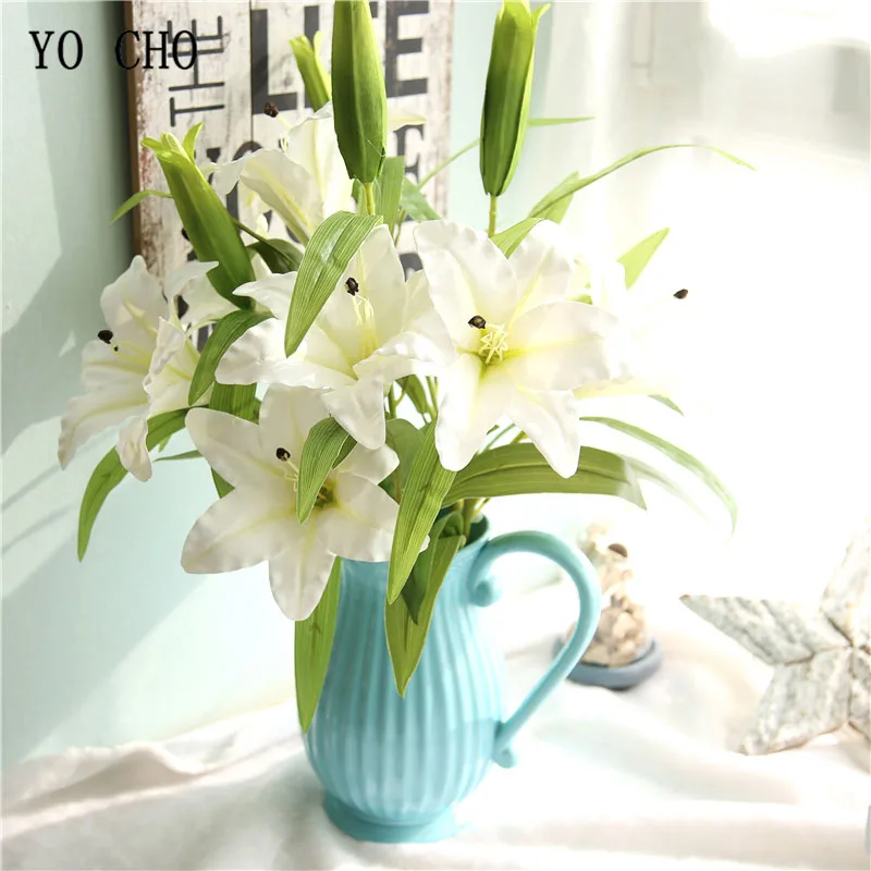 YO CHO Bride Wedding Bouquet Artificial Latex Lily Flower Real Touch 2 Head Lily White DIY Home Floras Table Accessories Decor