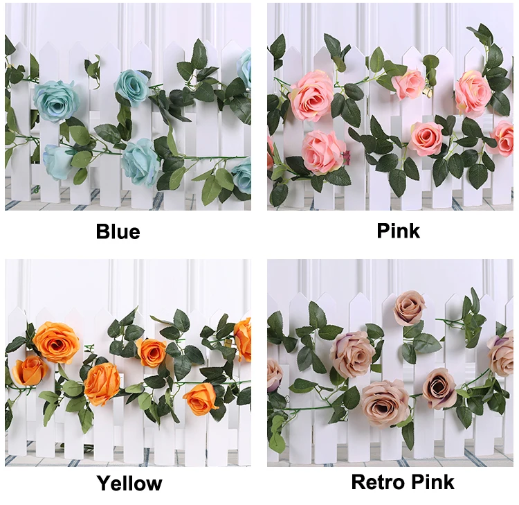 NuoNuoWell 2x 7FT Artificial Rose Flower String 10 Heads Realistic Faux Silk Flowers Garland Wedding Bedroom Decor Retro colors