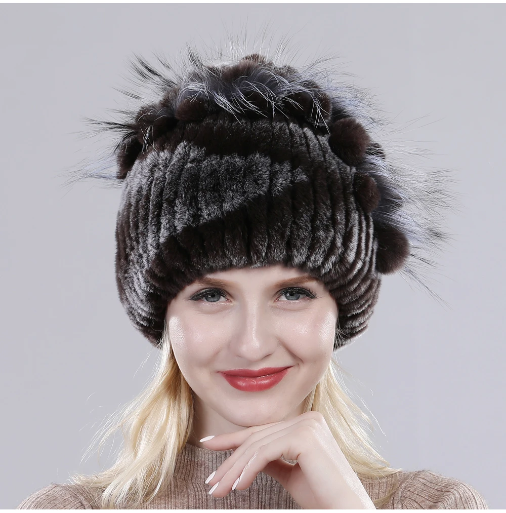 Neue Russische Damen Echt Rex-Kaninchenfell Mützen Luxuriöse Gestrickte Blumen Echte Rex-Kaninchenfell Kappe Winter Echt-Fell Beanie Mütze – Detail 33