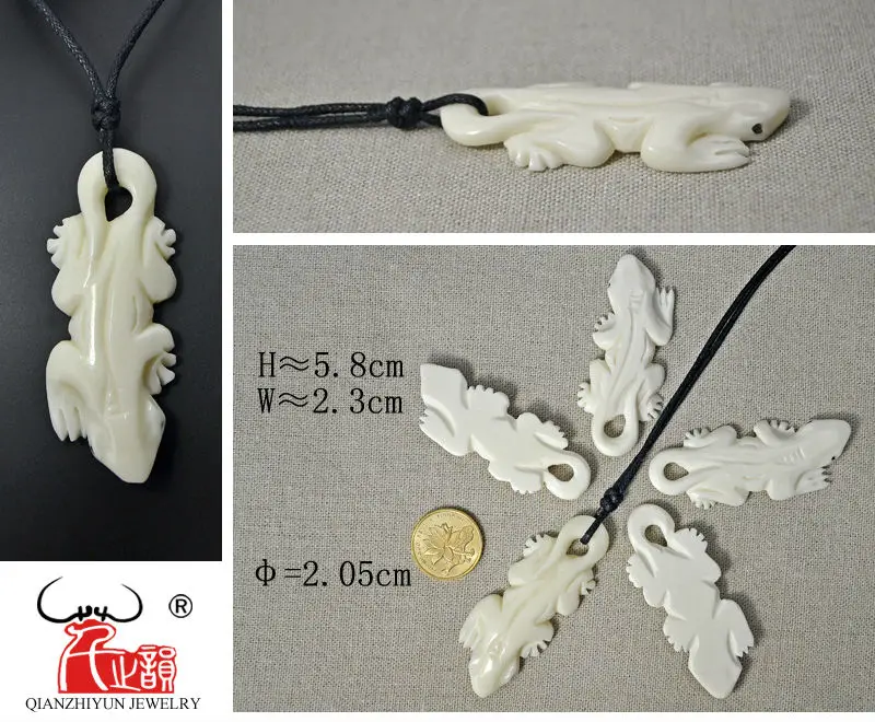 3PCS Handmade Carved Yak Bone GECKO LIZARD Pendant Hawaii Style Bone white Beads DIY Jewelry Accessory 58mmX23mm
