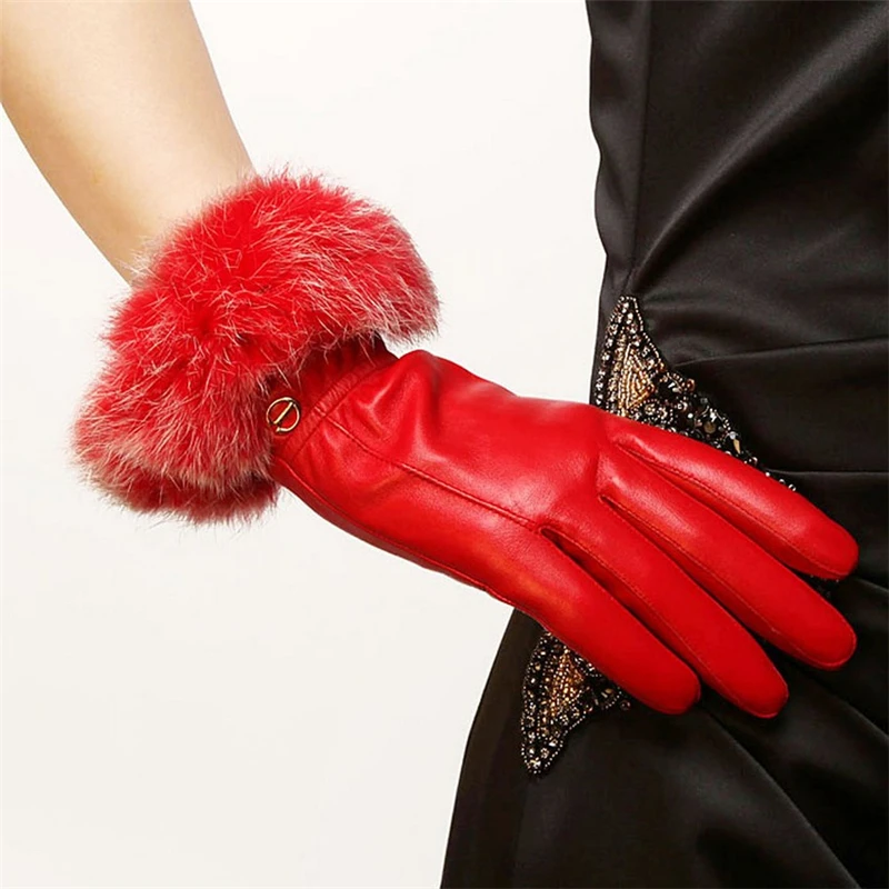 High Quality Brand Genuine Leather Gloves  Women Sheepskin Gloves Fashion Trend Rabbit Hair Finger Driving Glove EL002PC-5