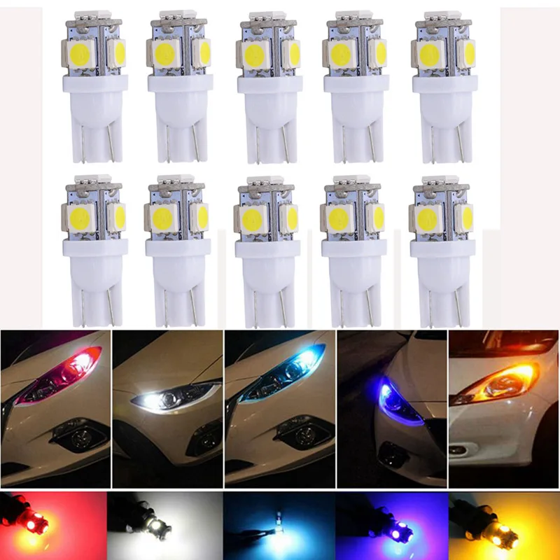 

Katur 10pcs T10 W5W LED Bulb 5 SMD LED White Blue Red Yellow Green 194 168 Super Bright wedge Lights bulbs Lamps 12V 5050 SMD