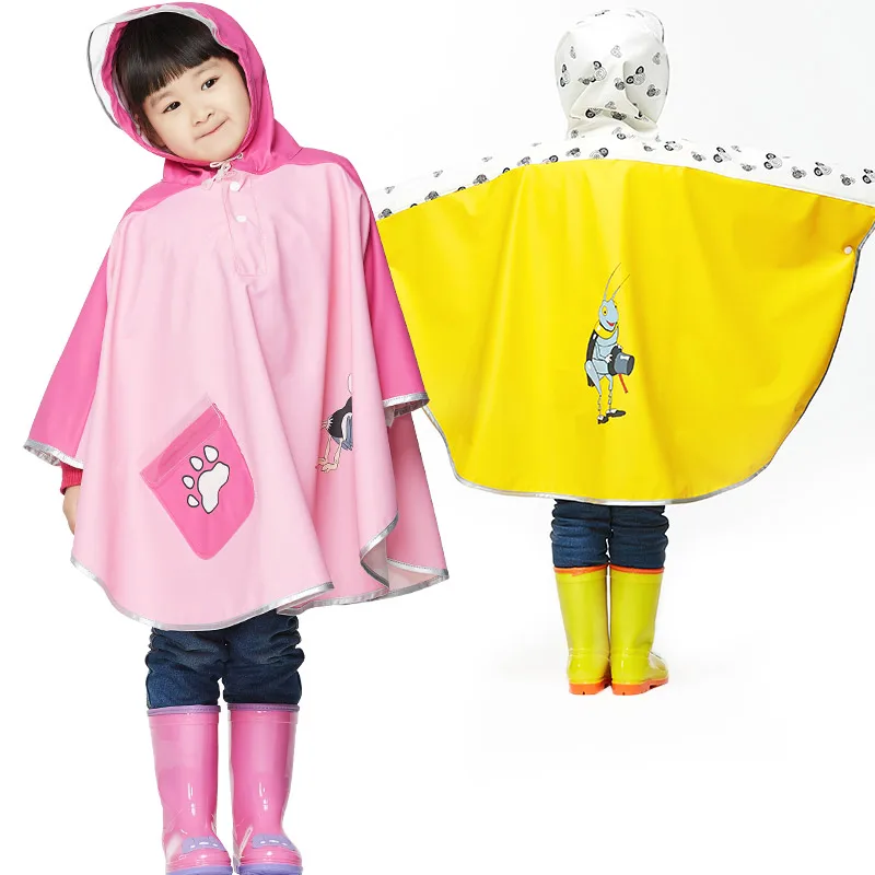 QIAN Impermeable Children Raincoats Eco-friendly Soft PU Cartoon Kids Waterproof Rain Cloak School Tour Hooded Rain Coat Poncho