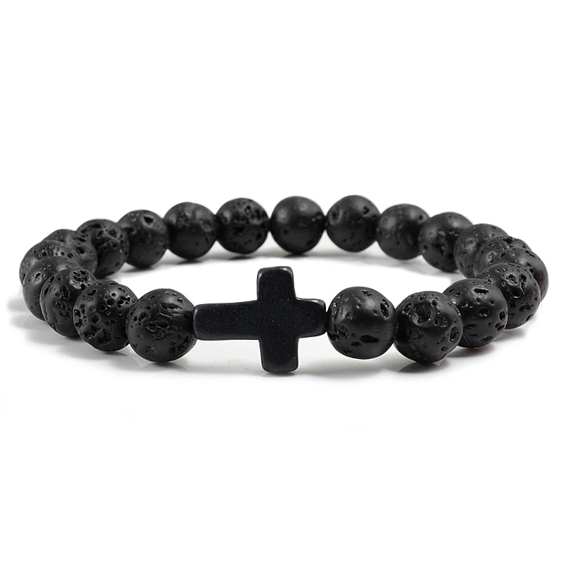 Black Natural Volcanic Stone Men Bracelet Dumbbell Cat Claw Fitness Casual Bangle Jewelry Cross Religious Meditation Bracelets