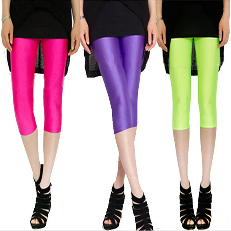 

NDUCJSI Shiny Leggings Casual Short Pants High Elastic Stretched Women Multiple Neon Deportes Leggins Khaki Girl Thin