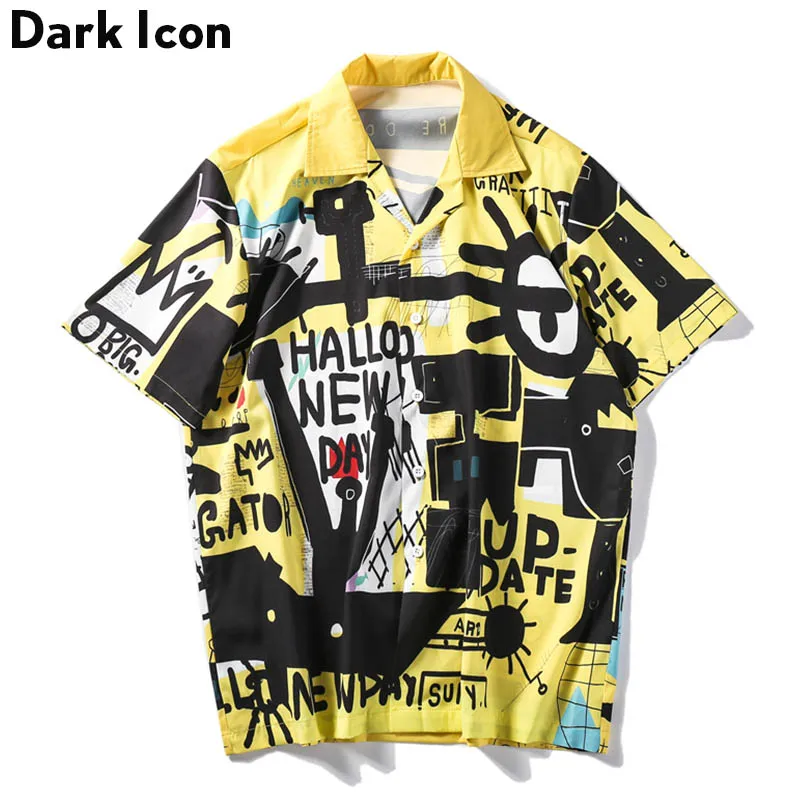 Dark Icon Graffitti Retro Shirts 2024 Summer Street Men\'s Shirt Short Sleeve Turn-down Collar Vintage Shirts for Men