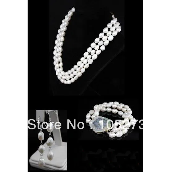 

New Arriver Pearl Jewelry Set Elegant Real White Rice Baroque Freshwater Pearl Necklace Bracelet Earrings 7-9mm Free Shipping