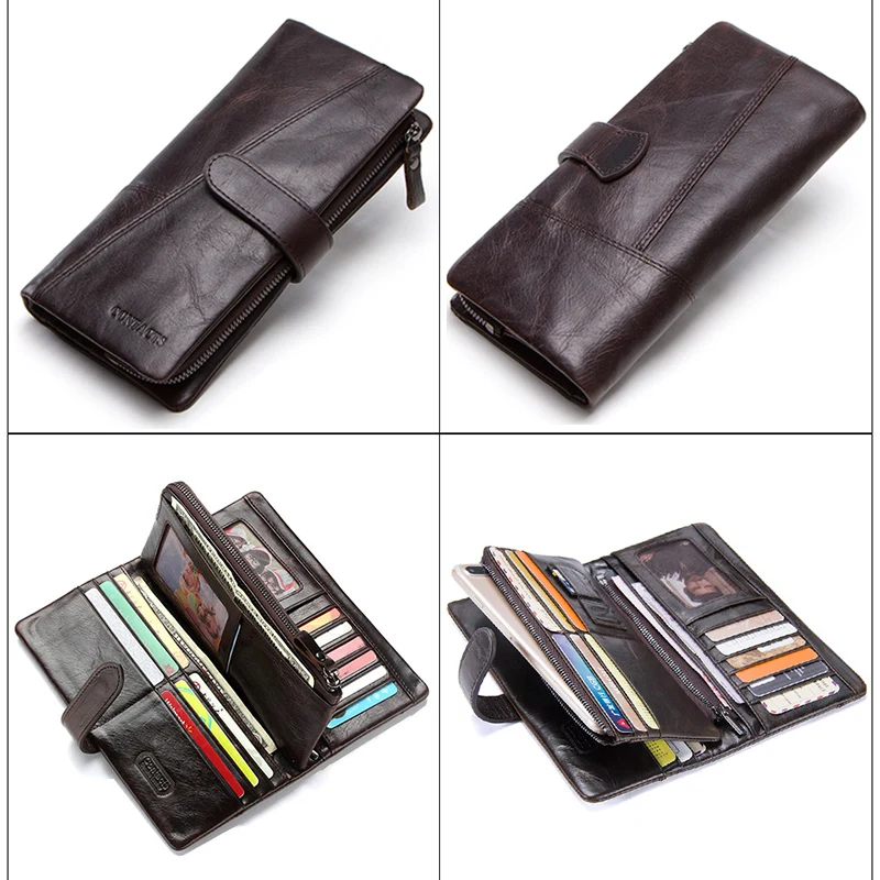 CONTACT\'S, billeteras de piel de vaca auténtica Crazy Horse para hombre, monedero de moda con tarjetero, cartera larga Vintage, bolso de mano