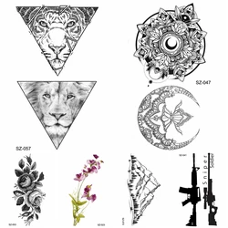 Black Temporary Tattoo Stickers Men Cool Triangle Tiger Lion Water Transfer Tatoo Women Body Arm Henna Moon Fake Tattoo Supplies