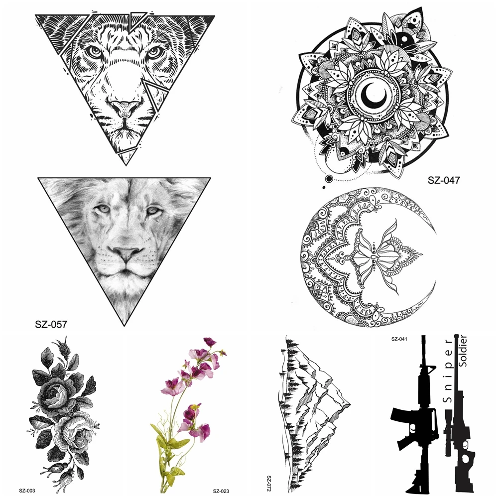 Black Temporary Tattoo Stickers Men Cool Triangle Tiger Lion Water Transfer Tatoo Women Body Arm Henna Moon Fake Tattoo Supplies