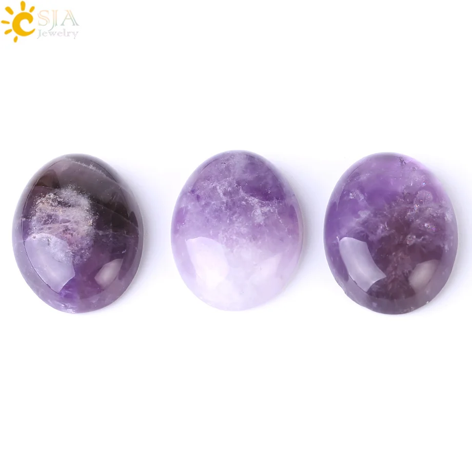 CSJA 1PC Natural Stone Purple Crystal Beads 4 Sizes for Choice Oval Quartz Reiki Accessories Fit DIY Rings Bracelet Pendant F506