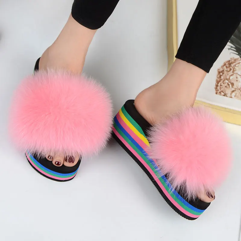 New Fox Fur Slippers 2021 Women\'s Fur House Furry Slippers Plush Summer Rainbow Colored Heels Sweet Sandals