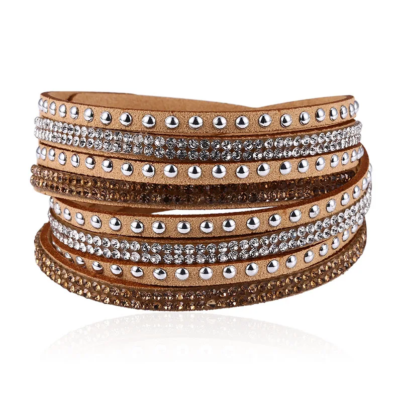 HOCOLE Fashion Crystal Rhinestone Leather Bracelets For Women Vintage Charm Wrap Multilayer Bracelet 2019 Female Boho Jewelry