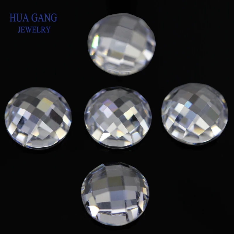 White Cubic Zirconia Stone Round Shape Flat Bottom Checkerboard Cut Loose CZ Stone Synthetic Gems For Jewelry 3~10mm