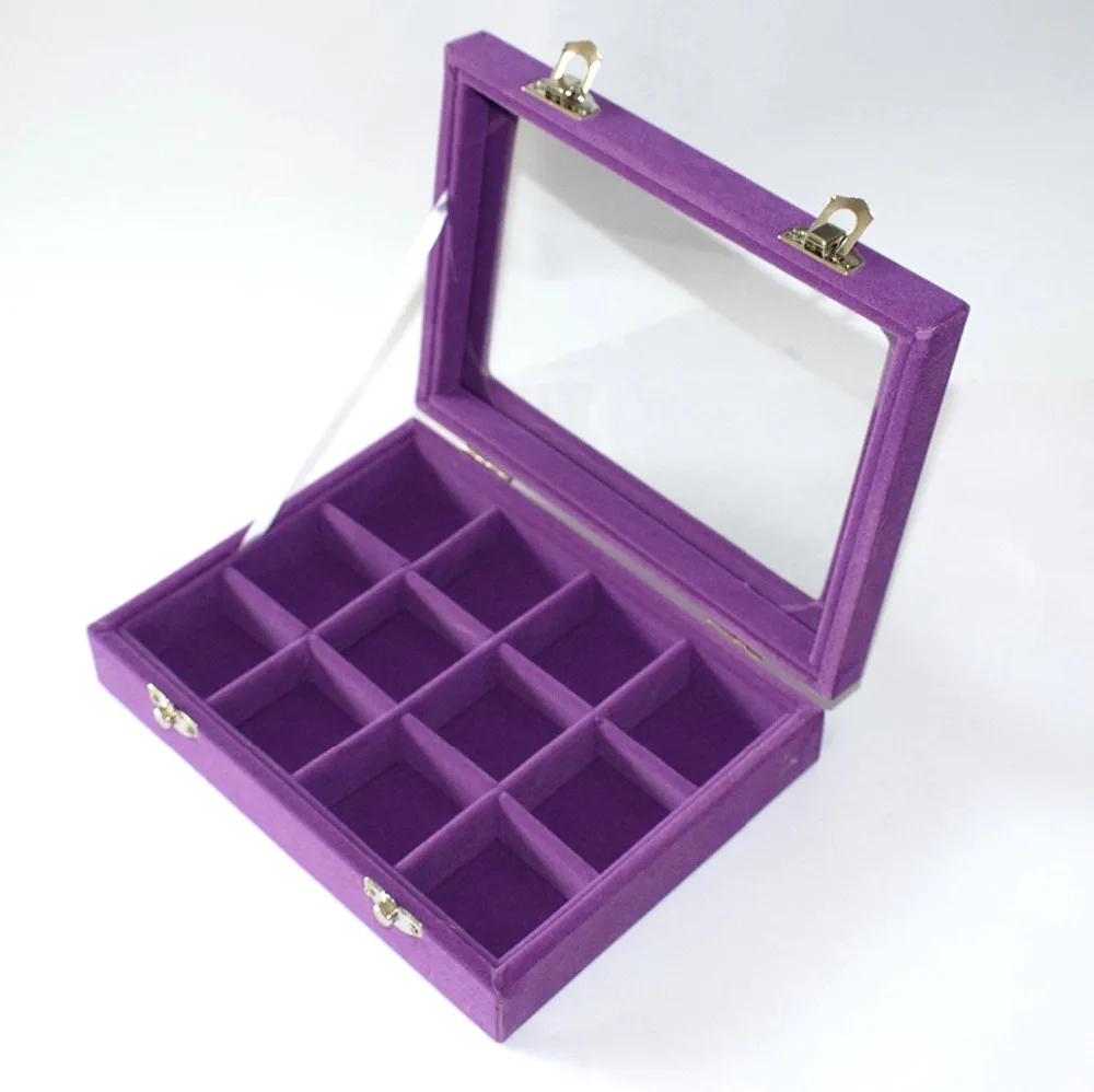 

Purple 12 Grid Velvet Glass Jewelry Ring Display Organiser Box Tray Holder Earrings Storage Case