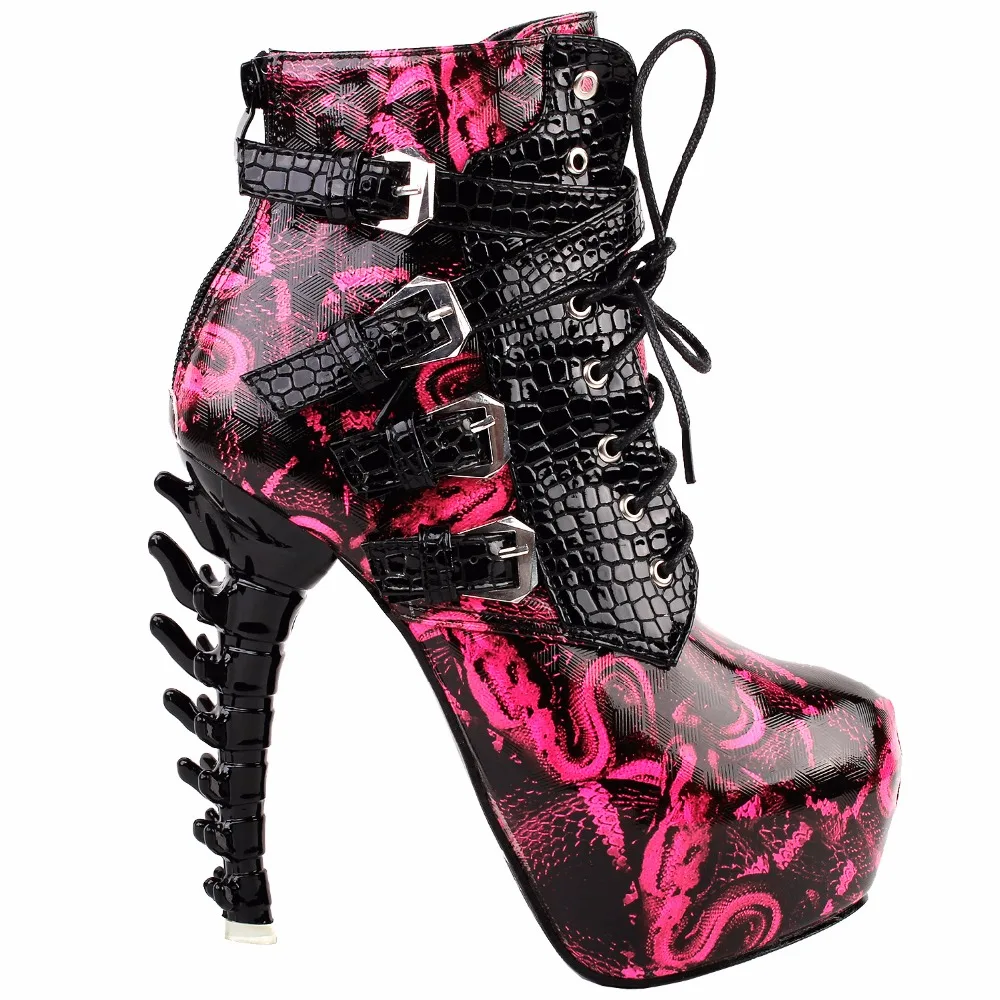 LF80648 Sexy Punk Design Brown Snake Pattern Bone High Heel Platform Ankle Boots Black