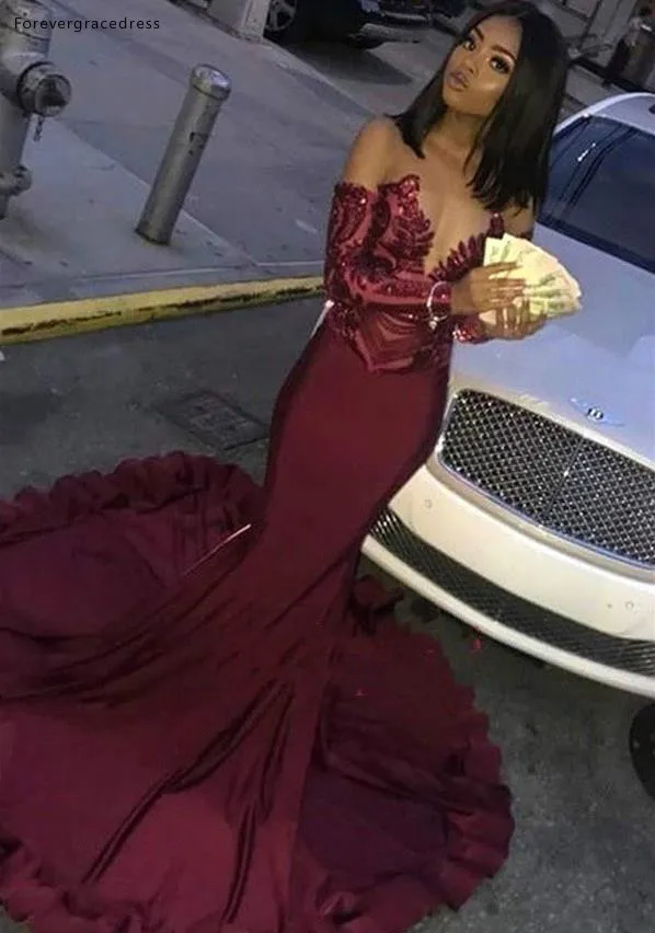 Mermaid Burgundy Prom Dresses 2019 African Black Girls Long Sleeves Pageant Holidays Graduation Wear Formal Evening Party Gowns