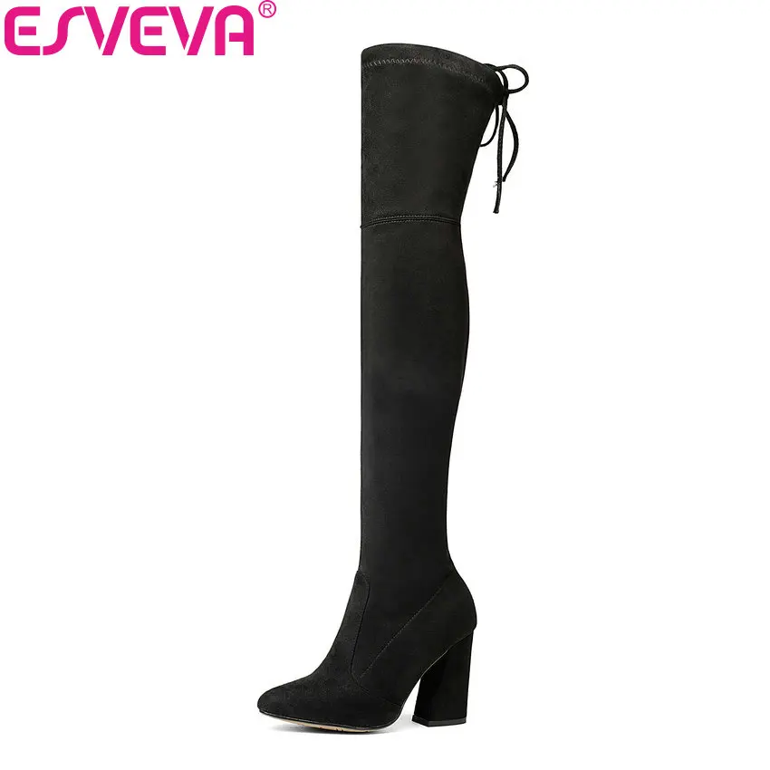 

ESVEVA 2020 Women Boots Flock Over The Knee Boots Round Toe Women Boots Ladies Party Western Stretch Fabric Boots Big Size 34-43