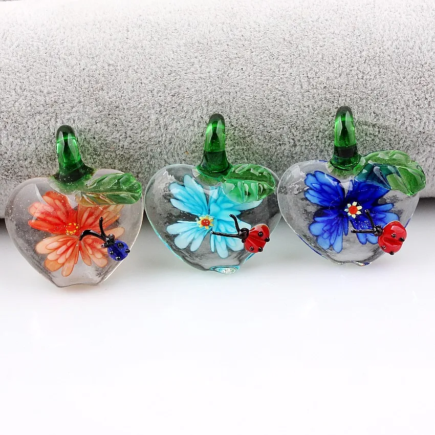 Qianbei-Lovely Apple Insect Pendant, Handmade Murano Lampwork Glass, Mix Colorfit Necklace, Jewelry Gift, Hot, Wholesale, 6Pcs