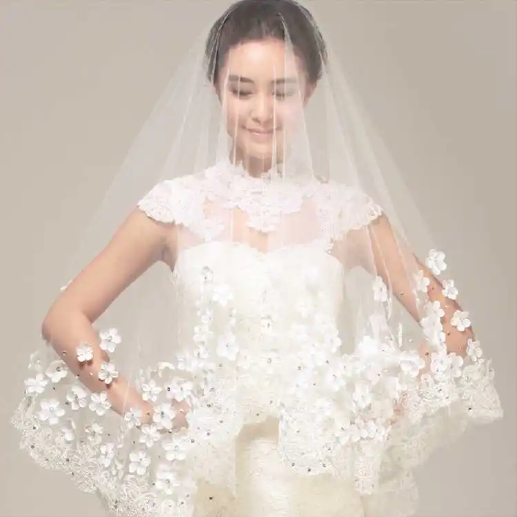 New 3 Meters One Layer  Bridal Veil with flowers beading Wedding Accessories Bride Mantilla Wedding Veil