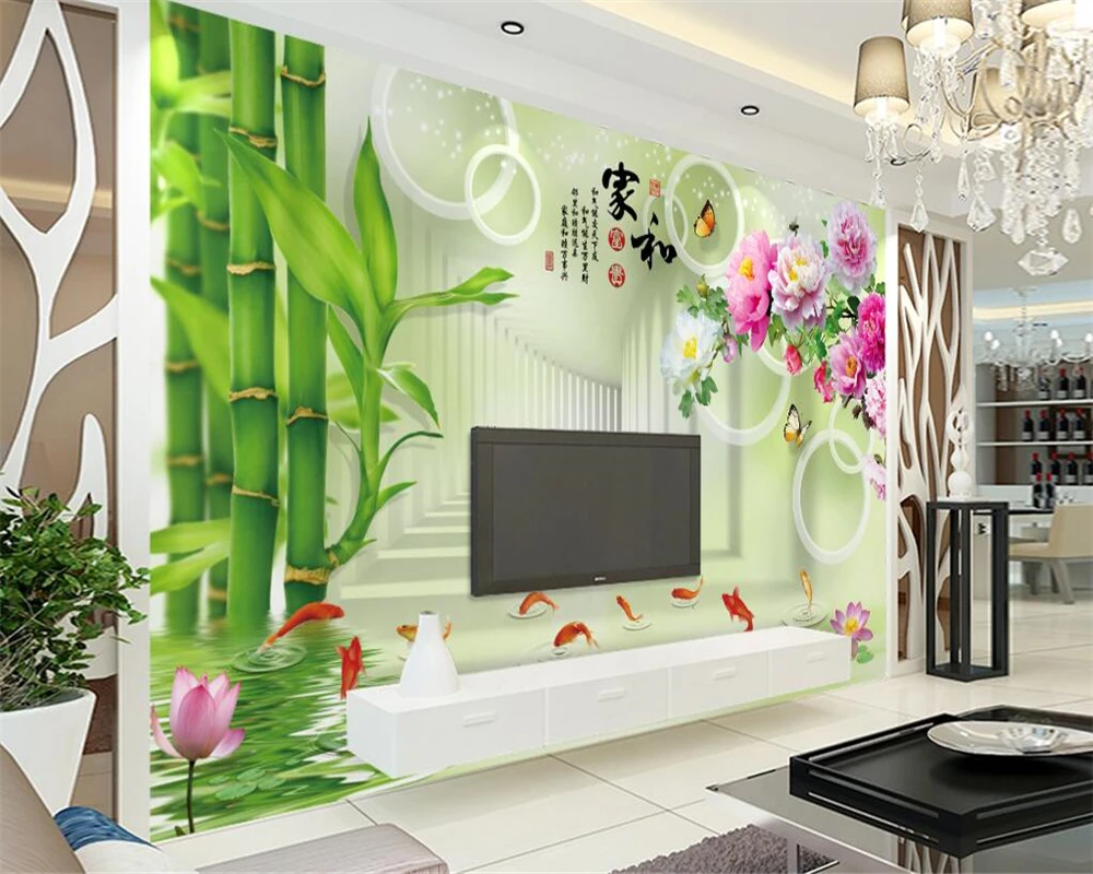 

Beibehang Custom Wallpaper Home Decorative Mural Stereo Space Bamboo Lotus Peony TV Wall Background Wall 3d wallpaper mural