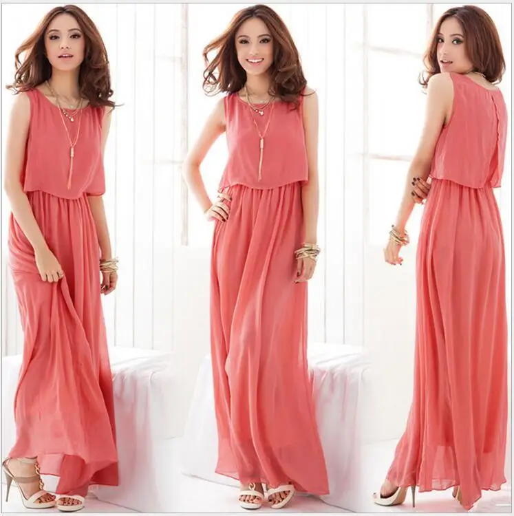 S-3XL Long Chiffon Dress Bohemian Beach Dress Solid Dress Slim Sleeveless Dress For Female O-Neck 7 Color Roupas Fmininas HA54