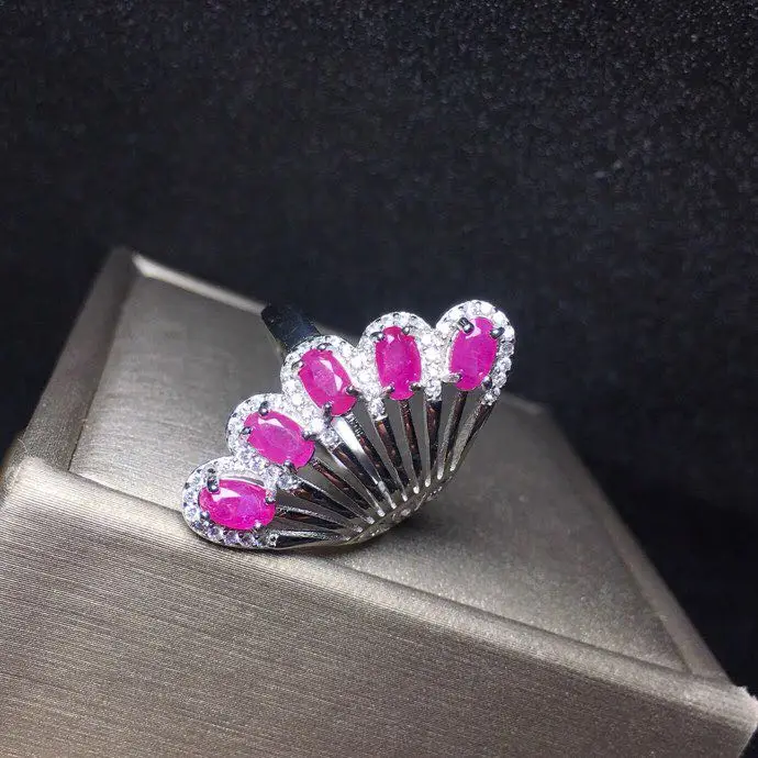 Feather Style Ruby ring Free shipping Natural and real ruby 925 sterling silver Fine jewelry  3*5mm Gen 3pcs